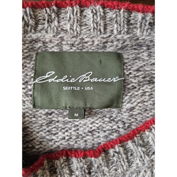 Eddie Bauer Men's Medium Oatmeal  Lambswool Knit Sweater Crewneck Red Trim - Picture 3 of 7